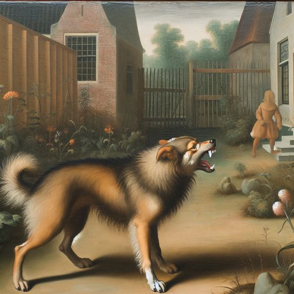 Een hond die defensief gromt naar een vreemdeling bij de poort.