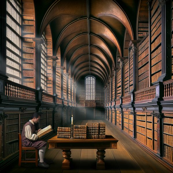 Grondig studeren in historische universiteitsbibliotheek - Nederlandse schilderkunst stijl 17e-eeuwse Nederlandse studiezaal met student die grondig een oud boek bestudeert in een sfeer van intellectuele diepgang