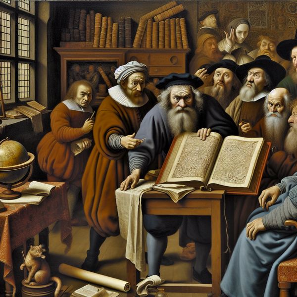 Diepgaande discussie over Nederlandse geschiedenis en grondigheid in 17e-eeuws interieur 17e-eeuws Hollands interieur met geleerden in diepgaande discussie over Nederlandse geschiedenis, kaart en boeken, in de stijl van Jan Steen