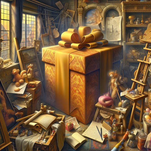 Charming Illustratie van een Groot Geschenk in een Vintage Atelier Illustratie van een grote, prachtig ingepakte cadeau-doos omringd door kleinere items in een vintage atelier, met warme verlichting en een dromerig, fantasierijk achtergronddesign.