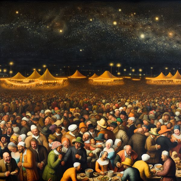 Groots festival met duizend mensen onder sterrenhemel Een levendig festival met een grote menigte van ongeveer duizend mensen onder een sterrenhemel, die dansen en genieten van gerechten.