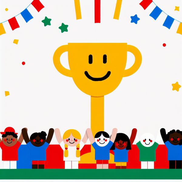 Minimalistisch team viert groot succes met een glimlachende trofee in felle kleuren, stijl van Dick Bruna
