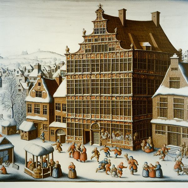 Groot vier verdiepingen huis in winterdorp in Avercamp-stijl Grote vier verdiepingen tellend huis in een levendig winterdorp met mensen die schaatsen en spelen