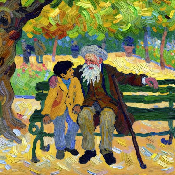 Grootvader en kleinkind: hartverwarmende familieband in Van Gogh-schilderstijl Teder moment tussen grootvader en kleinkind op een parkbank onder een grote boom in Van Gogh-stijl