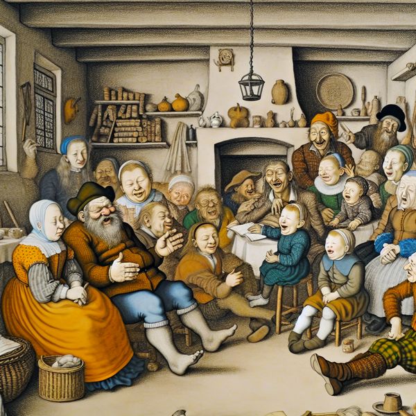 Grootvader Verhalen Vertel Scene Een vriendelijke en wijze grootvader vertelt verhalen aan zijn familie in een levendige woonkamer, omringd door kinderen en volwassenen die aandachtig luisteren.