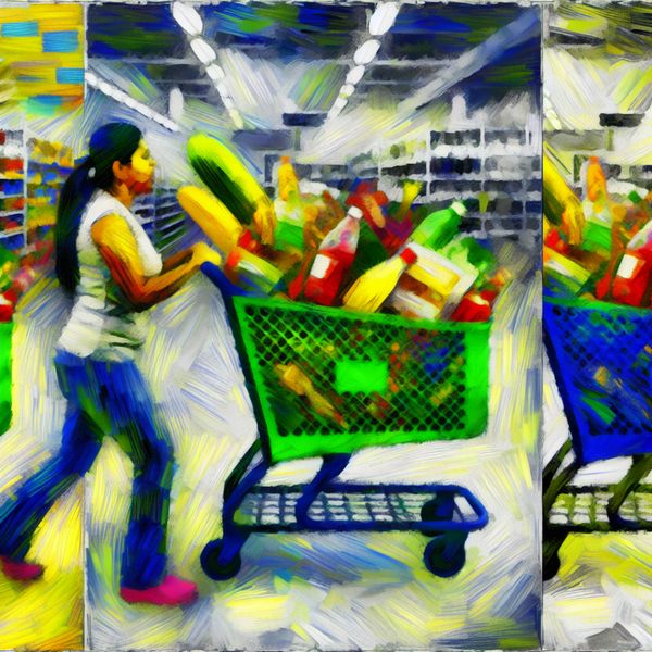 Grote Boodschappen in Drukke Supermarkt Vrouw in supermarkt met grote boodschappenkar vol levensmiddelen