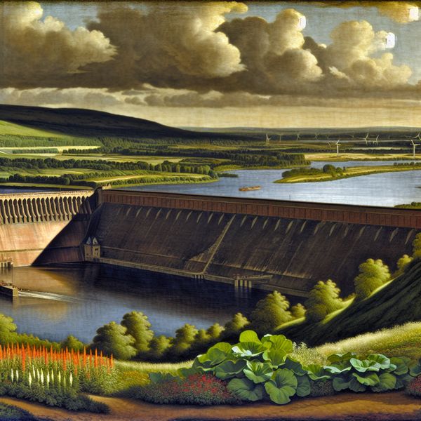 Pittoreske Dam tegen Overstromingen met Natuurlandschap Een gedetailleerd uitzicht op een grote dam die een rivier beschermt tegen overstromingen, omringd door groene natuur en met majestueuze wolken aan de lucht.