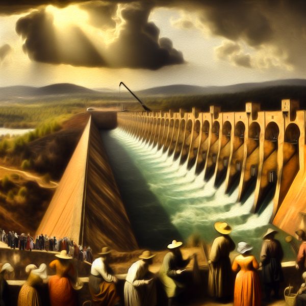 Grote dam met sluizen en waterbeheer Dramatische afbeelding van een grote dam met sluizen in een serene landschap