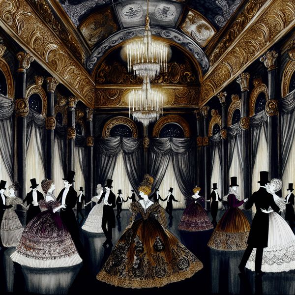 Formele dansavond in gotische balzaal met elegante kleding en mysterieuze sfeer Grote formele dansavond in een weelderige, gotische balzaal met dansende stellen onder een dramatisch verlichte kroonluchter
