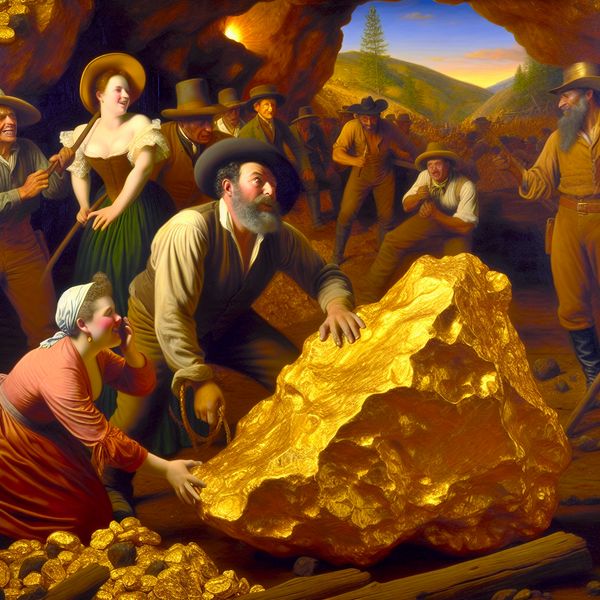 Ontdekking van een Grote Gouden Goudklomp in een Goudmijn Een grote gouden goudklomp wordt ontdekt door opgewonden mijnwerkers in een levendige goudmijn.