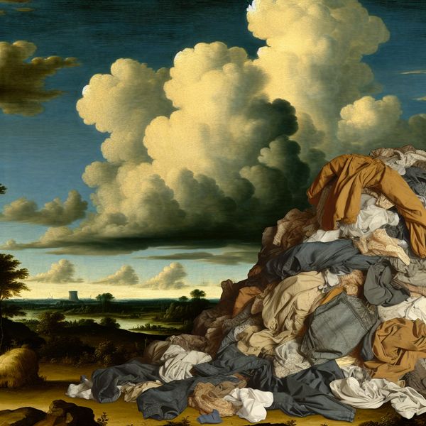 Grote hoop kleren in gedetailleerd landschap in stijl van Jacob van Ruisdael, symboliserend een aanzienlijke hoeveelheid