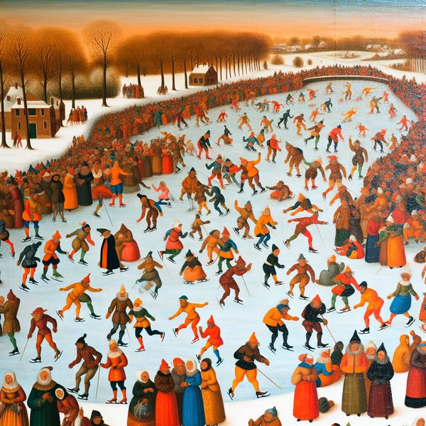Drukbevolkte winterse ijsbaan met een heleboel schaatsende en pratende mensen in de stijl van Hendrick Avercamp