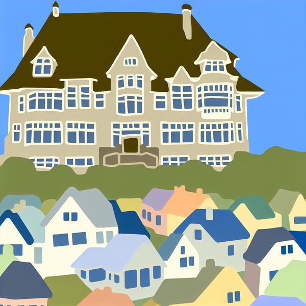 Groot Huis Illustratie met Minimalistische Stijl Minimalistische illustratie van een groot gezellig huis aan de rand van een charmante stad