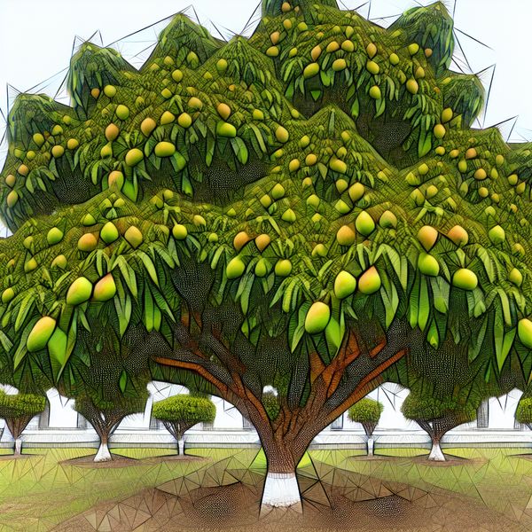 Grote mango boom met geometrische patronen in een surrealistisch tuinlandschap