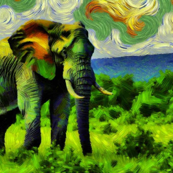 Grote Olifant in Dynamisch Landschap Majestueuze olifant in een groen landschap met een dynamische lucht in Van Goghs stijl