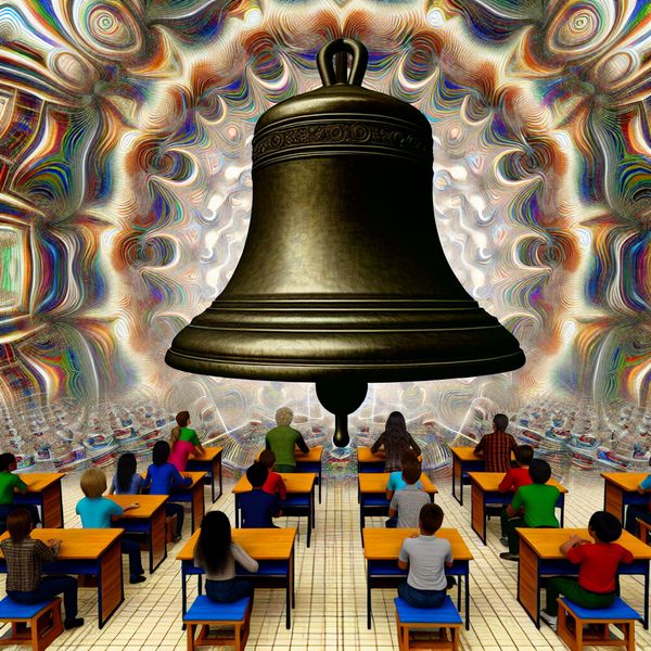 Surrealistische Schoolbel in Abstracte Geometrische Stijl Een surrealistische afbeelding van een grote schoolbel in abstracte geometrische stijl met studenten die er opkijken terwijl het vier uur slaat.