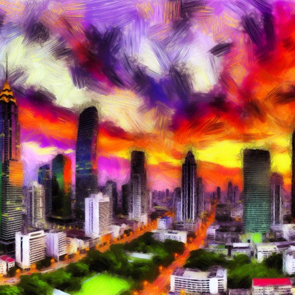 Panorama van een grootstedelijke skyline met torenhoge wolkenkrabbers tijdens zonsondergang, met reflecties van levendige kleuren in de ramen.
