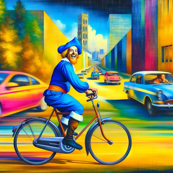 Vrolijke fietser in moderne stad met vrije doorgang terwijl auto's in file staan, illustratie van gunstig effect