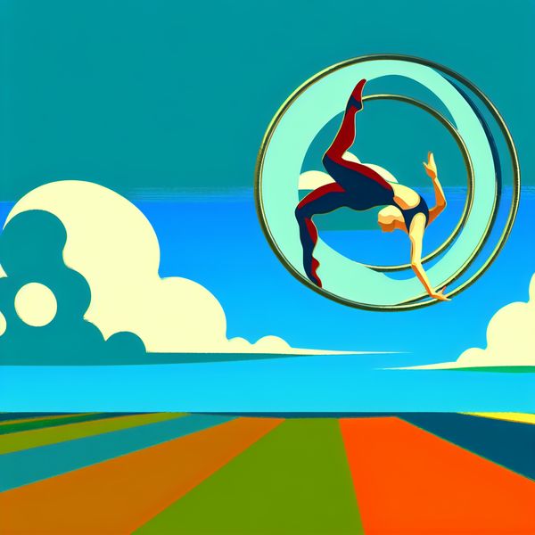 Gymnast in Cirkelvormige Beweging boven Retro-Futuristisch Landschap Een gymnast die een luchtige routine uitvoert in een cirkelvormige beweging boven een levendige retro-futuristische landschap.