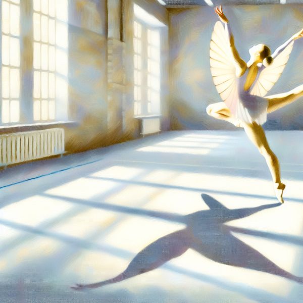 Een gymnast voert een sierlijke vlinderbeweging uit in een zonovergoten gymzaal.