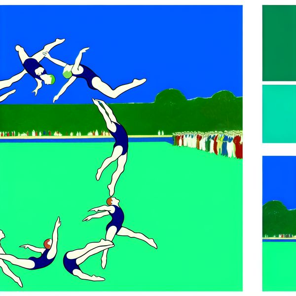 Gymnasten in de lucht die een perfecte cirkel vormen tijdens een sprongetje, met een minimalistische achtergrond in heldere kleuren.