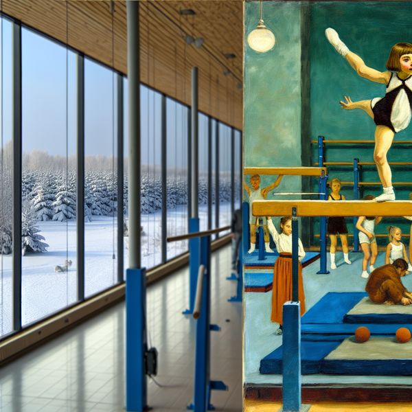 Jong meisje voert elegante gymnastiekroutine uit op de evenwichtsbalk in winterse sportzaal met kinderen die oefenen op verschillende toestellen
