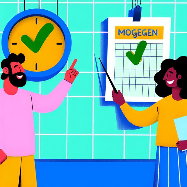 Minimalistische illustratie van twee collega's bij een kalender met 'morgen' en een klok, die haalbaarheid en mogelijkheden bespreken in een speelse stijl