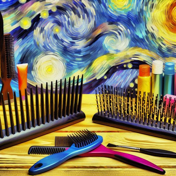 Kammen en Haarverzorging Stillife Stilleven van twee op een houten tafel liggende kammen met een levendige achtergrond, weergegeven in van Gogh-stijl.