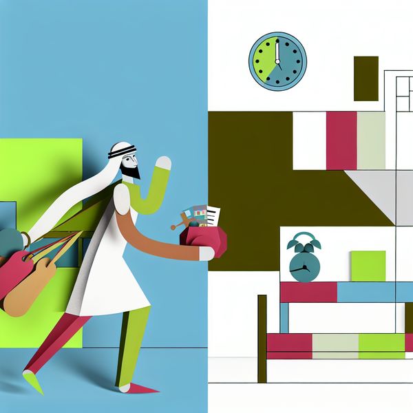 Minimalistische illustratie van een persoon die zich haast door een huis, met dynamische lijnen en felle kleuren, in de stijl van Dick Bruna