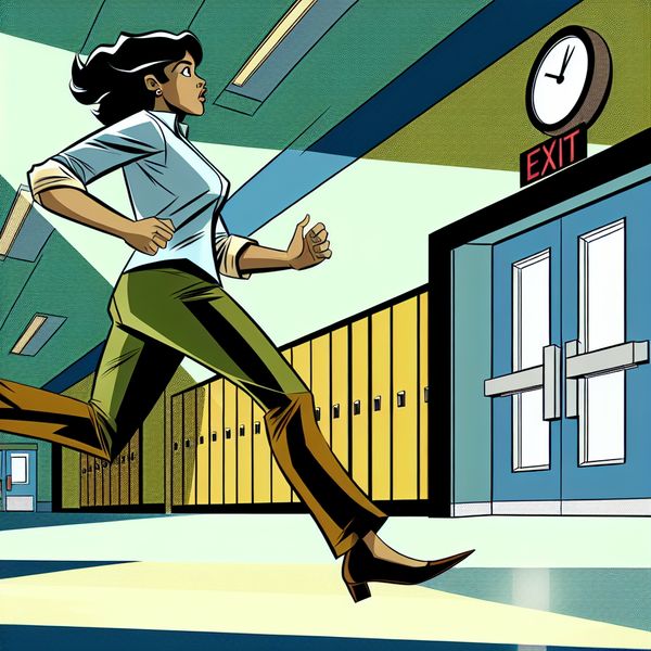 Haastige beweging in retro-futuristische schoolomgeving - Nederlands leren Jonge vrouw loopt haastig door schoolgang met doelgerichte blik en dynamische houding