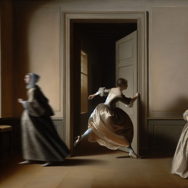 17e-eeuws tafereel van haastig lopen in Nederlandse schilderkunst - betekenis van 'lopen' Twee elegante 17e-eeuwse figuren in rijke stoffen die haastig lopen in een verfijnd Hollands interieur, stijl van Gerard ter Borch