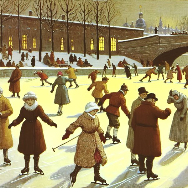 Vertrekken in haast: levendig wintertafereel op bevroren kanaal met historische figuren Historische wintertafereel met mensen die haastig vertrekken van een bevroren kanaal, terwijl anderen rustig schaatsen en spelen