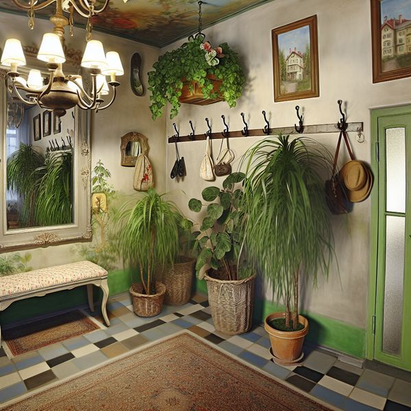 Charmante hal van een huis in Anton Pieck-stijl Een sfeervolle hal van een huis met een grote spiegel en een vintage kroonluchter, omgeven door groen en kunst.