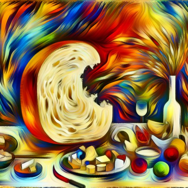 Abstracte kunst van gedeeld voedsel en informele maaltijden Abstracte scène met een grote, half opgegeten witbrood op een chaotische tafel vol voedsel zoals fruit, kaas en wijn, symboliserend delen en informele maaltijden.