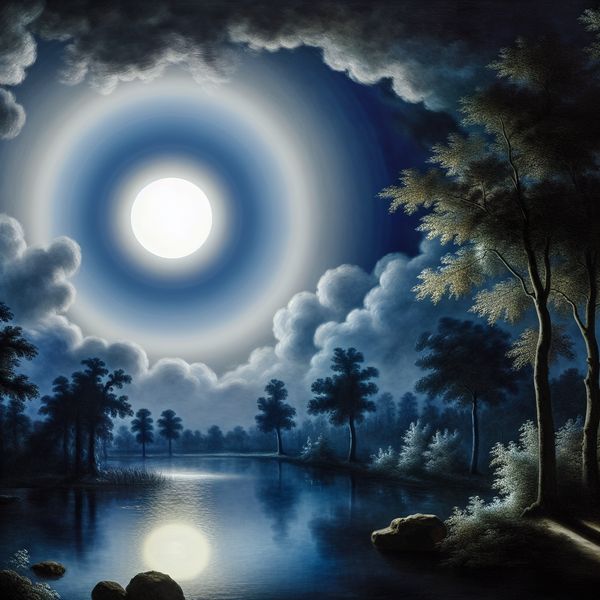 Halo rond de volle maan in een nachtlandschap Een betoverende nachtlandschap met een halo om de volle maan, weerspiegeld in een rustig meer.
