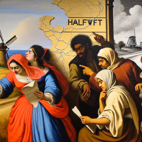 Levendige groep reizigers bij een halvewegpaal met het opschrift 'Helft', midden op hun reis tussen stad en bestemming, geschilderd in de stijl van Frans Hals