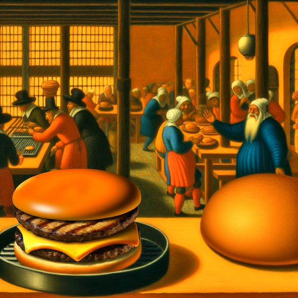 Goudenbruine hamburger met gesmolten kaas op de grill in een levendige snackbar, stijl van Jan Steen