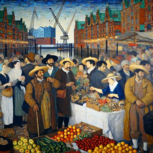 Typisch Hamburgse markt met lokale producten en stadsiconen Levendige marktscène in Hamburg met kooplieden, lokale producten en herkenbare stadslandschappen zoals de Elbphilharmonie, geschilderd in expressieve penseelstreken
