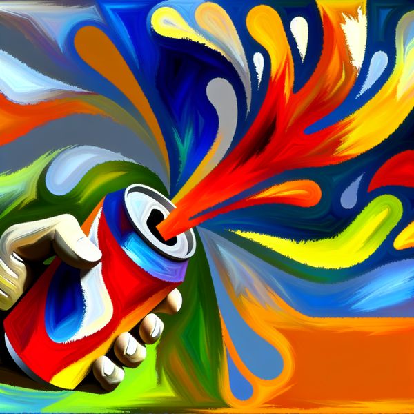 Krachtig openen van een frisdrankblikje in abstracte stijl Abstracte afbeelding van een hand die krachtig een frisdrankblikje opent, met sprankelende cola die eruit spuit.