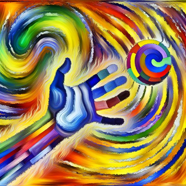 Abstract schilderij van een hand die naar een kleurrijke bal reikt, met dynamische en levendige penseelstreken.