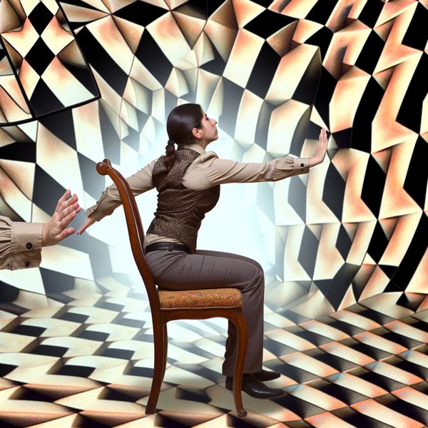 Handen plaatsen op armleuningen: lichaamshouding leren in Escher-stijl Vrouw duwt zichzelf omhoog uit een stoel met handen op armleuningen in surrealistisch Escher-stijl kunstwerk met optische illusies en geometrische patronen
