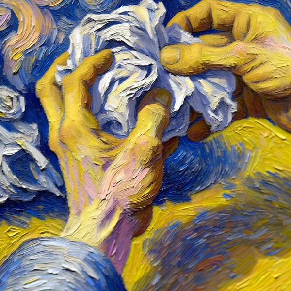 Handen vormen papier tot bal - Van Gogh geïnspireerde taalkunde illustratie Dynamische handen die een vel papier tot een bal vormen in Van Gogh-stijl met expressieve penseelstreken