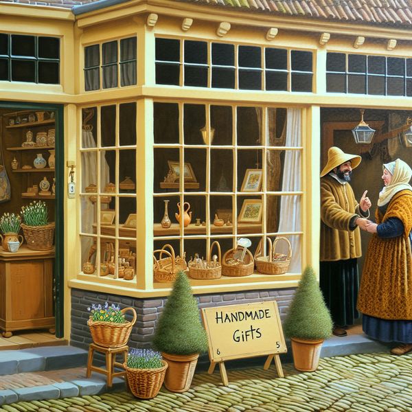 Een charmante kleine winkel met handgemaakte cadeaus, een vriendelijke winkelier en potted plants.