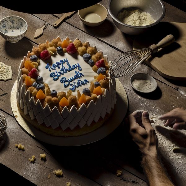 Handgemaakte taart versieren in retro-keuken: zelfgemaakt gebak voor beginners Handgemaakte verjaardagstaart met versiering van glazuur en fruit in een warme, retro-futuristische keuken, omringd door bakgerei