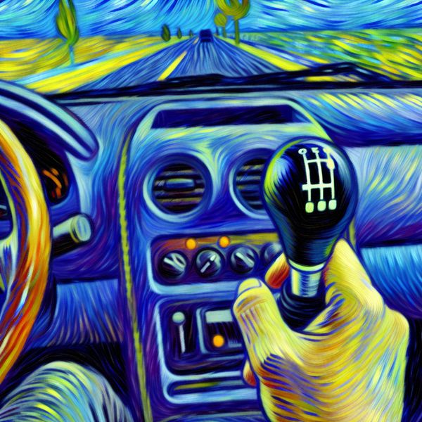Hand op versnellingspook van handgeschakelde auto in hogere versnelling, Van Gogh-stijl met blauwe en gele kleuren