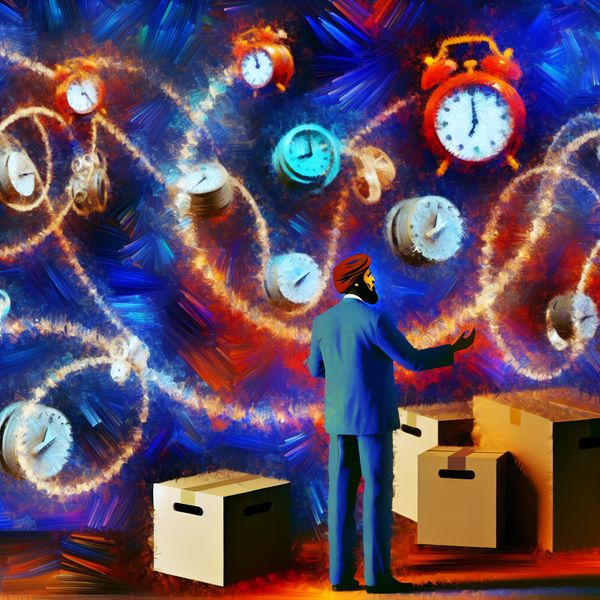 Handig idee: slimme oplossing voor tijdbesparing en organisatie Abstracte voorstelling van een handig idee met een persoon die slimme oplossingen organiseert tussen zwevende objecten zoals klokken, dozen en gereedschap, verbonden door gloeiende lijnen