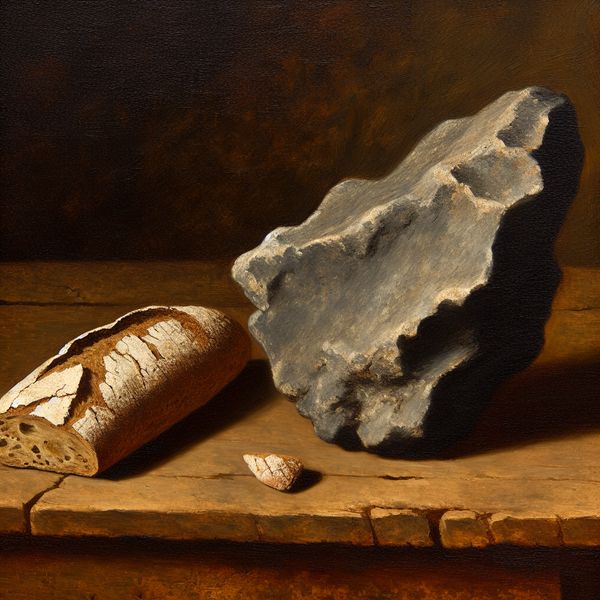 Stilleven schilderij in de stijl van Frans Hals met een harde steen en een hard geworden brood op een houten tafel, ter illustratie van het begrip 'hard' in de Nederlandse taal