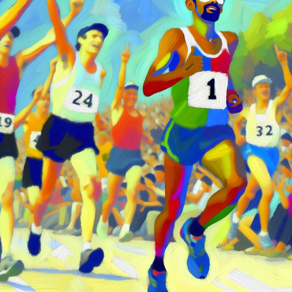 De overwinning van nummer één in een hardloopwedstrijd Een enthousiaste hardloper met het nummer één die de finishlijn oversteekt in een zonnige omgeving, omringd door blurende concurrenten en juichende toeschouwers.