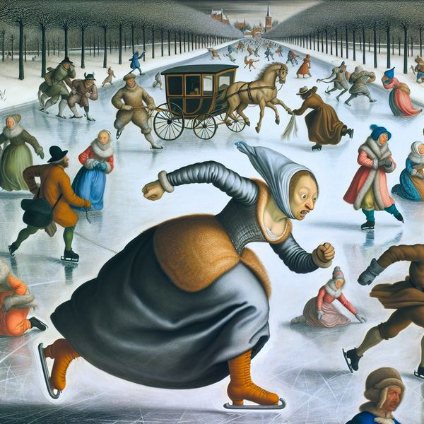 Hardlopen in winterse setting: historische sprint over bevroren kanaal 17e-eeuwse persoon in winterkleding die hard rent over een bevroren kanaal om een slee te halen, omringd door schaatsers en winteractiviteiten