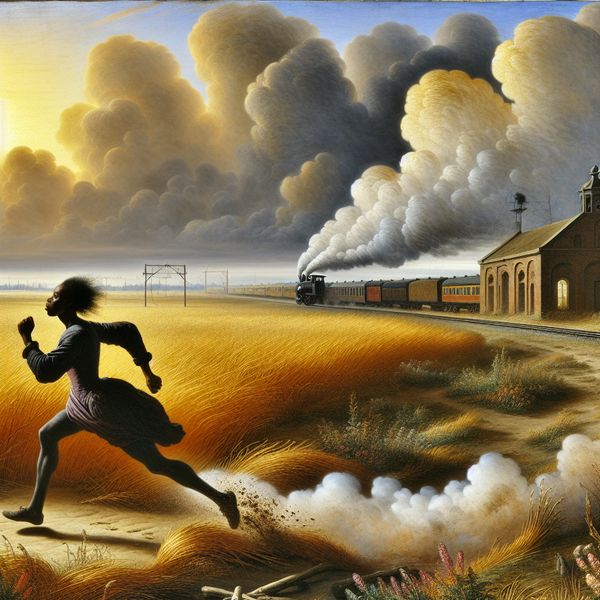 Hardlopen in majestueus landschap: haast en doorzettingsvermogen bij zonsopgang Een eenzame hardloper rent over een uitgestrekte, winderige vlakte naar een verre trein met stoom, in een dramatisch landschap met gouden ochtendlicht en wolkenlucht